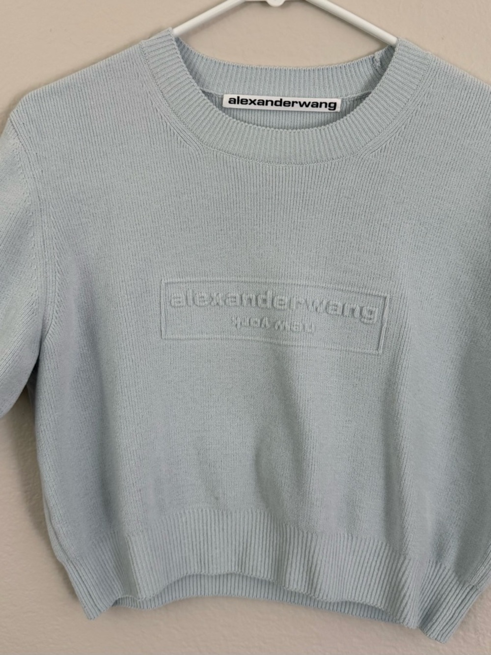 New Alexander Wang Blue Crop Embossed Logo Crewneck Sweater size L